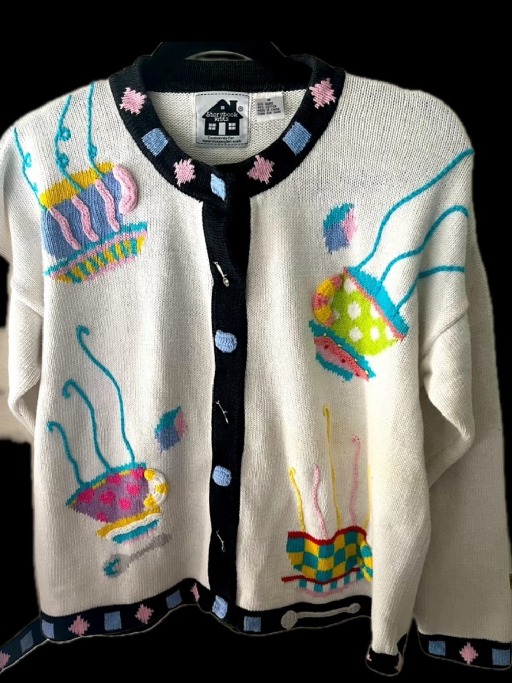 Storybook Knits Vintage colorful teacup spoon multicolor cardigan sweater HSN